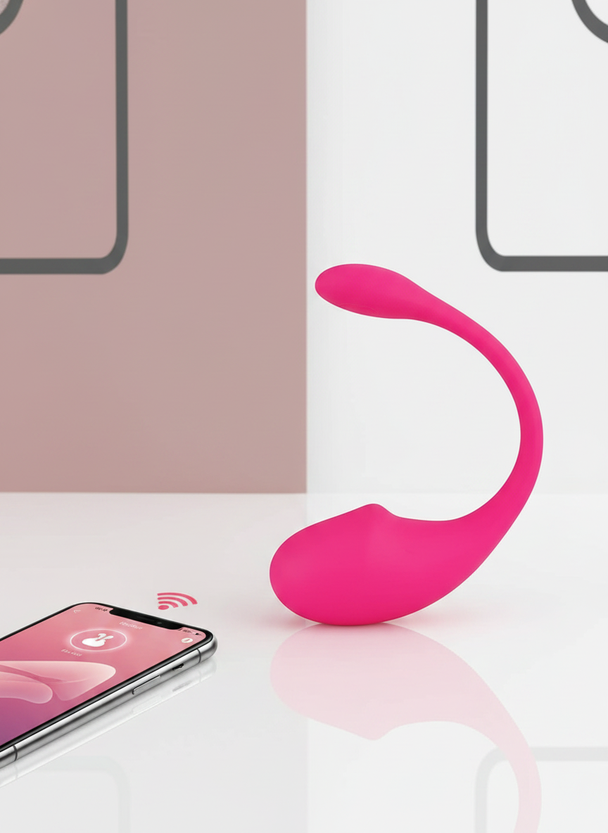 A close-up, professional product photograph of a discreet, smooth, white wearable vibrator egg, on a minimalist background wi