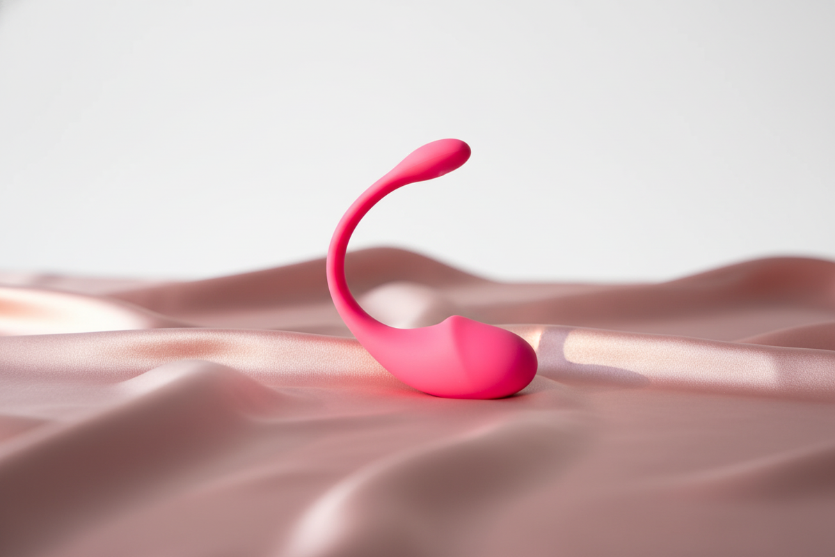 APP Control Wearable Vibrator Egg on a rose-colored silk sheet against a bright white background.
